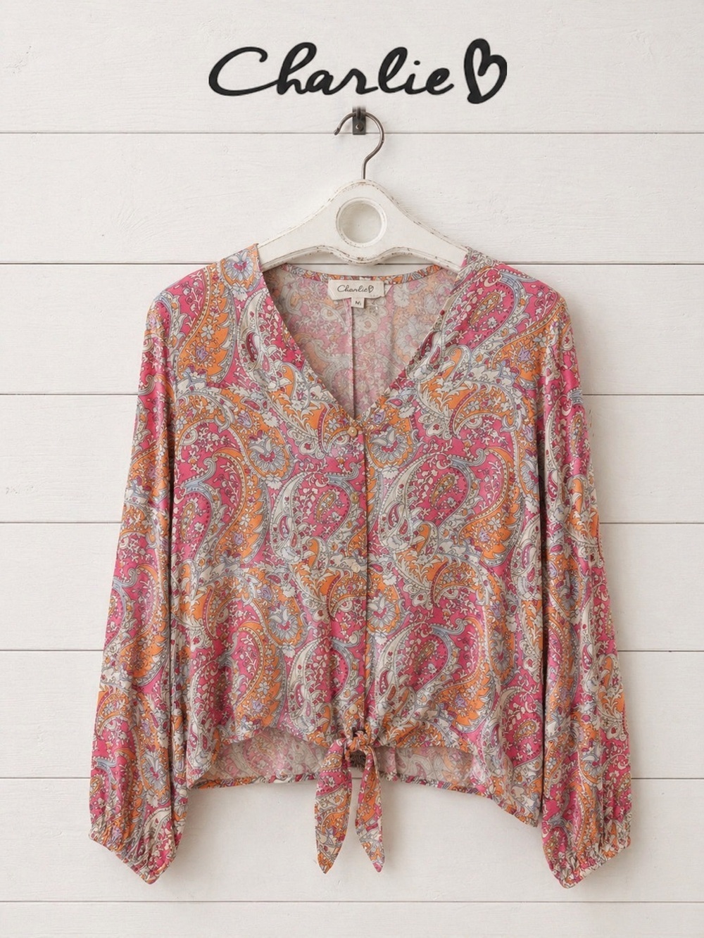 CHARLIE B Paisley Pink Orange Tie Front Blouse M
